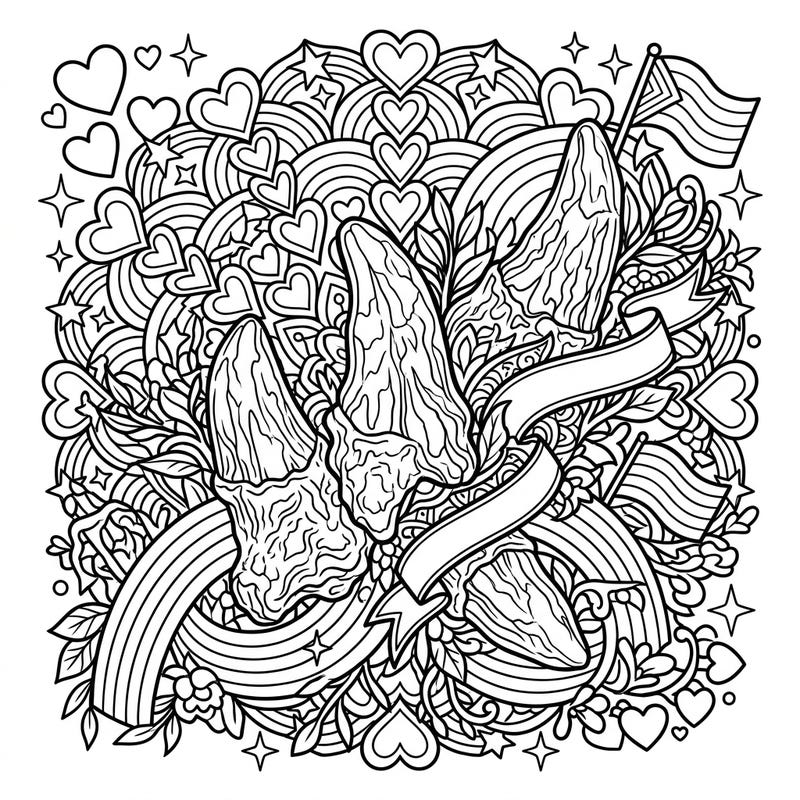 Explore a truly unique fusion with this Brachiosaurus Teeth and Pride Month coloring page, blending ancient wonders with modern celebration. Dive into an intricate design featuring fossilized teeth, rainbows, hearts, and flags, perfect for creative expression.