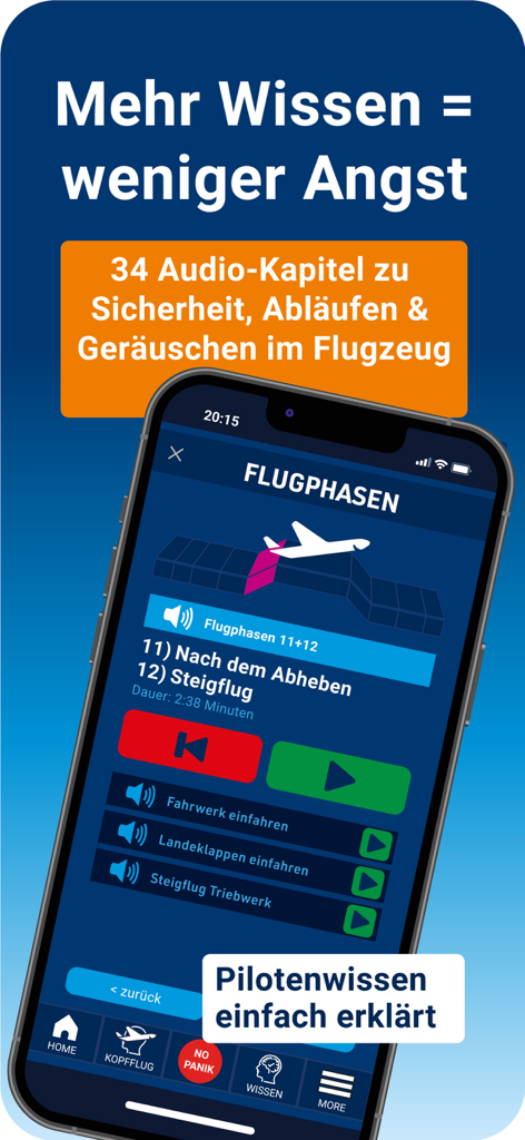 PassengerGuard: Flugangst - Interfaz de la aplicación PassengerGuard que muestra capítulos de audio sobre fases de vuelo y sonidos de aeronaves