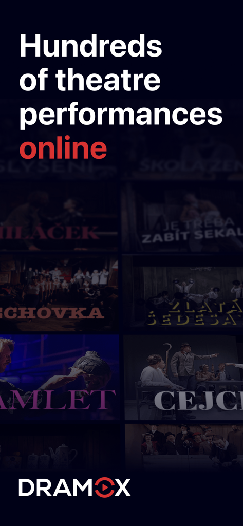 Dramoxアプリの画面に、オンラインで何百もの演劇公演が表示されている。