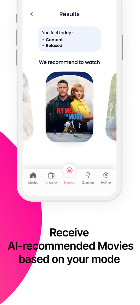 Interface de l'application Moto Auction montrant des recommandations de films IA basées sur l'humeur de l'utilisateur avec une affiche de Fly Me to the Moon