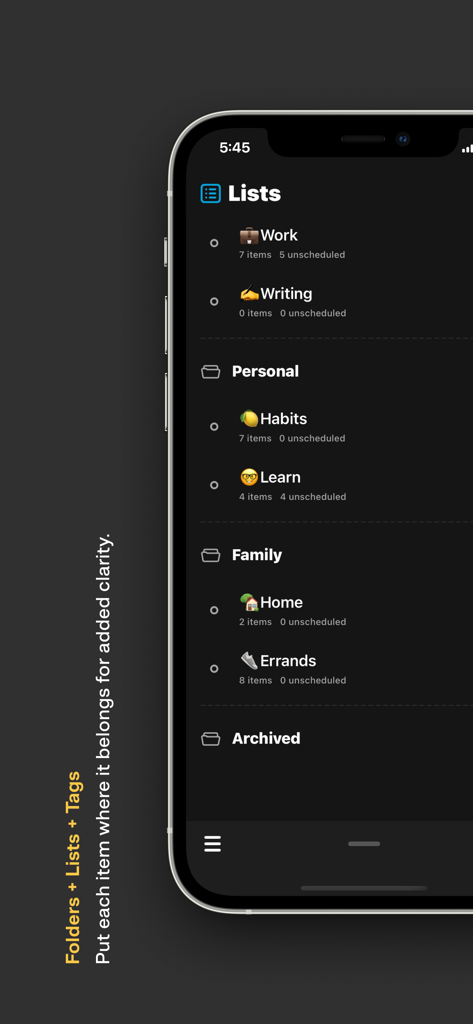 Sorted³ - Calendar Notes Tasks - Sorted3 app interface showing task organization using folders and lists for work and personal life