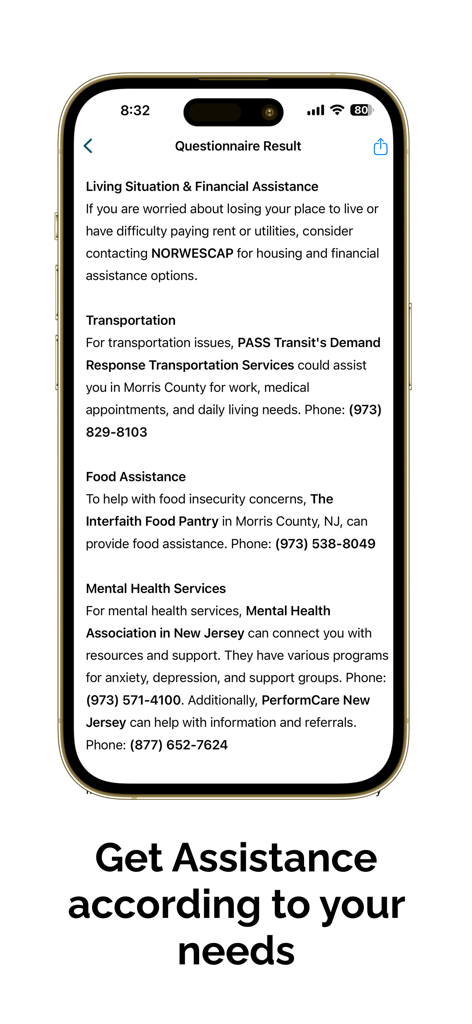 Nurse AI app interface showing questionnaire results for social assistance resources including housing food and mental health