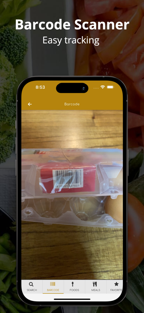 Función de escáner de códigos de barras en la aplicación My Mediterranean Diet Tracker para un registro de alimentos fácil