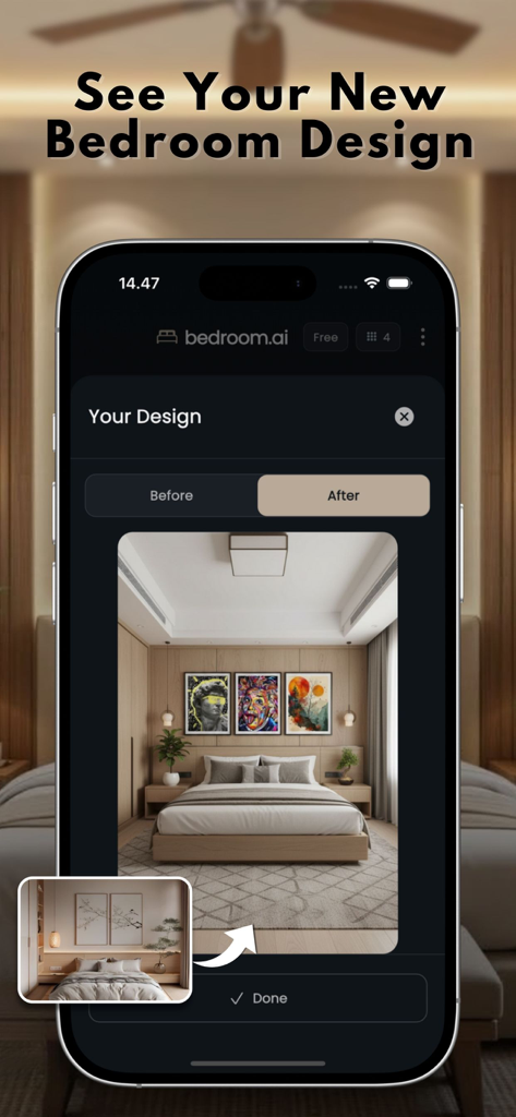 Bedroom AI Decor : Room design - AI-generated bedroom interior design showing a before and after comparison of a modern room