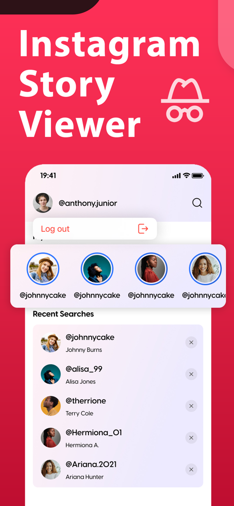 Interface do aplicativo Story Saver mostrando pesquisas recentes de perfis e bolhas de histórias para visualização anônima do Instagram.