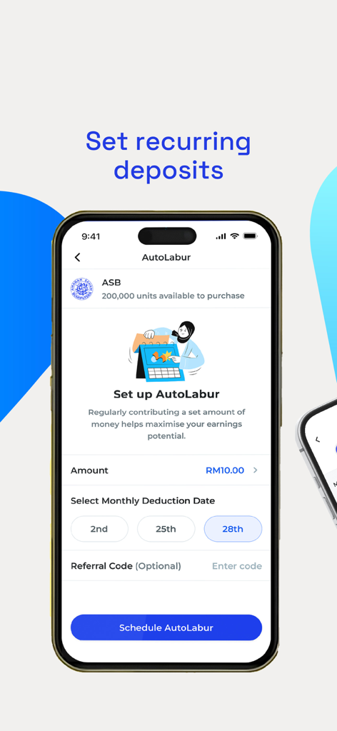 Interface de l'application mobile myASNB montrant comment configurer des dépôts mensuels récurrents à l'aide de la fonction AutoLabur.