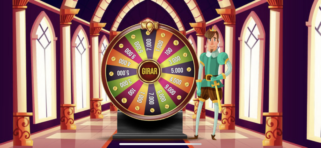 A colorful lucky prize wheel with a cartoon king character in a palace hall from the Super King Bingo app