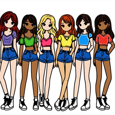 a group of girls wearing crop tops and shorts
