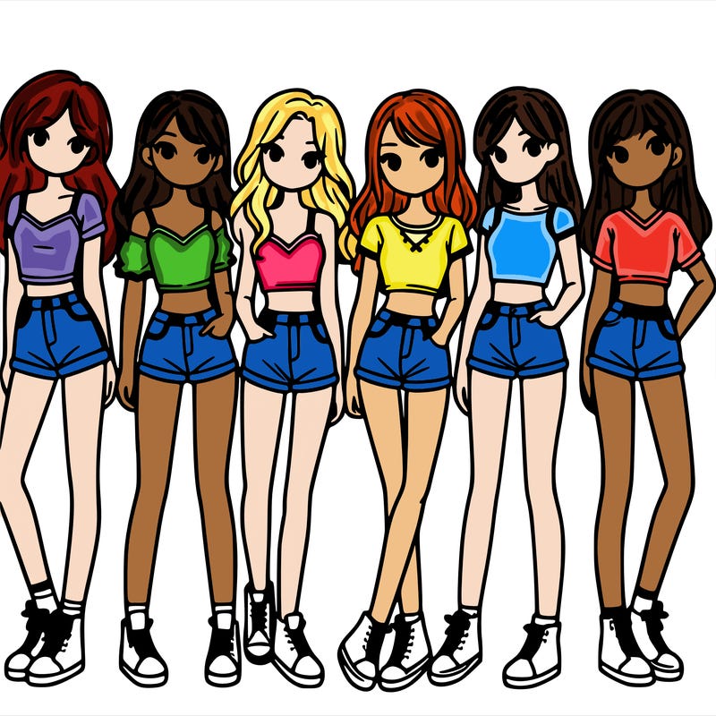 a group of girls wearing crop tops and shorts
