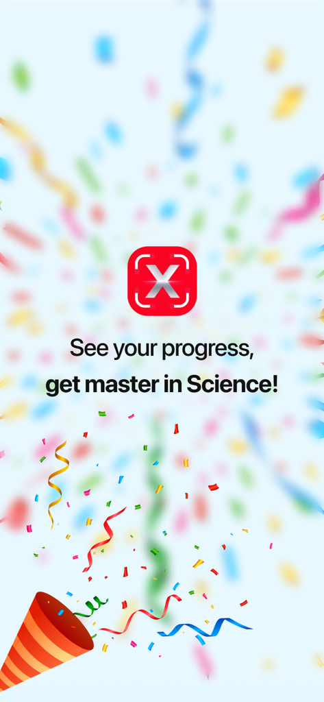 AI Homework Helper · Solve It - A celebratory in-app screen with confetti and text highlighting science mastery and progress tracking