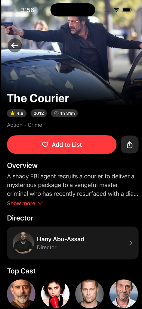Detailed movie information page in the FlixPlay app featuring cast and synopsis.