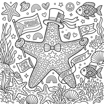 Immerse yourself in a vibrant underwater world celebrating Pride Month with this delightful starfish coloring page. Adorned with symbols of love and unity, it's a perfect way to express joy and creativity.