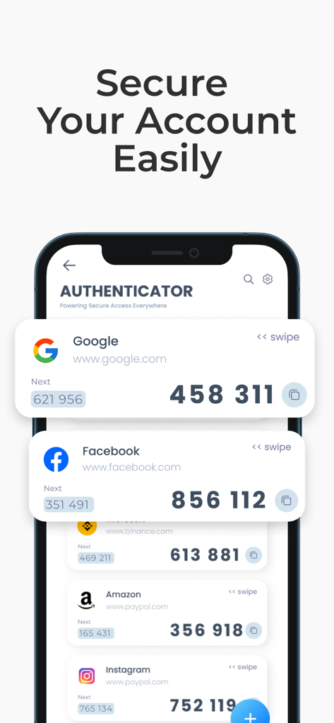 Authenticator App PRO - Authenticator App PRO interface displaying two-factor authentication codes for Google and Facebook