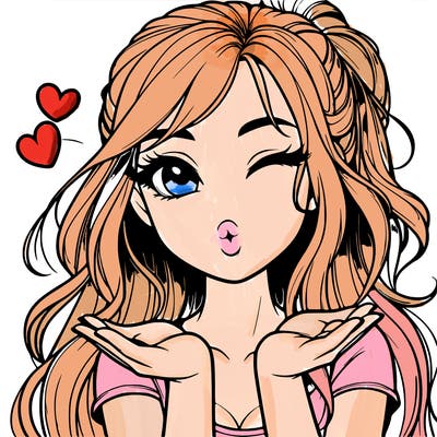 realistic girl winking and blowing a kiss while making heart hands