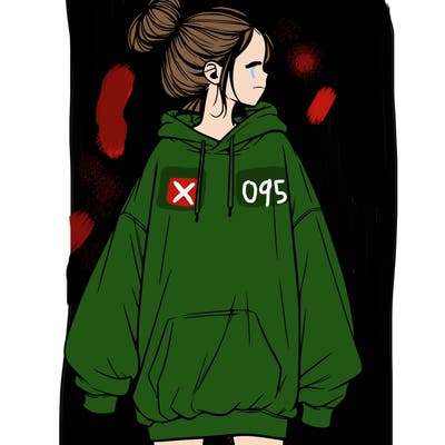 realistic girl with a oversized sweatshirt on and a bun