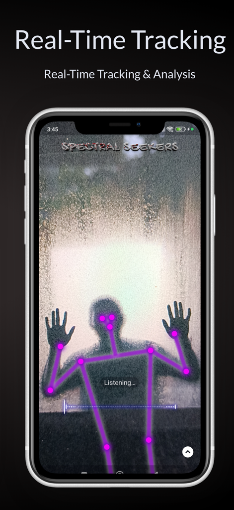 Spirit Box: Ghost SLS - Pantalla de iPhone que muestra la aplicación Spirit Box Ghost SLS utilizando seguimiento de esqueleto en tiempo real para identificar una figura con una superposición de figura de palo morada.