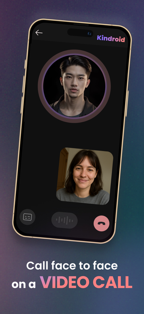Kindroid: Your Personal AI - A mobile phone screen showing a face to face video call between a user and a personalized AI companion in the Kindroid app