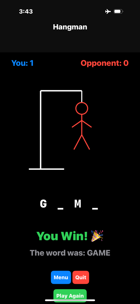 Offline MultiPlayer Games - A winning screen of the Hangman game in the Offline MultiPlayer Games app showing a stick figure and the word GAME completed while in airplane mode.