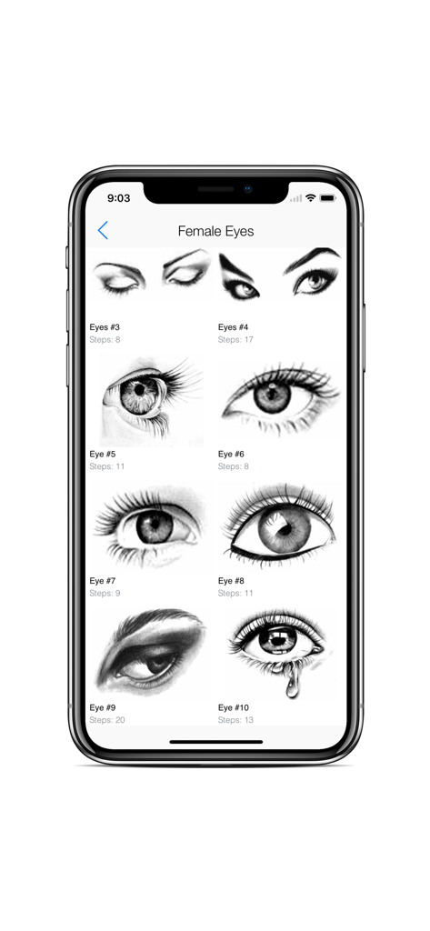 Draw Human Body - Hair Style - Grid view showing various step by step female eye drawing tutorials in the Draw Human Body app.