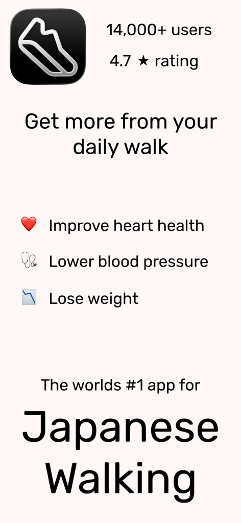 Japanese Walking Timer app promotion screen highlighting health benefits including heart health and weight loss