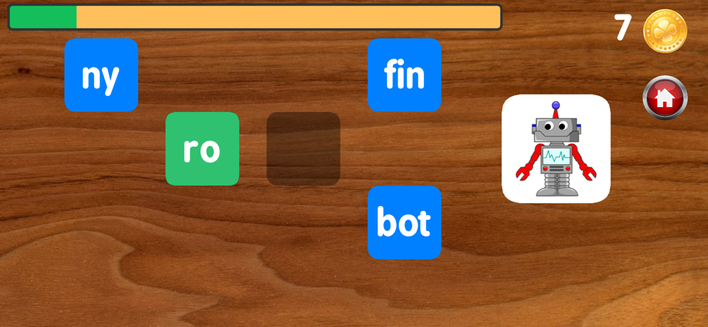 Writing with syllables - Interfaz de un juego educativo para niños donde el usuario combina sílabas como ro y bot para escribir la palabra robot.