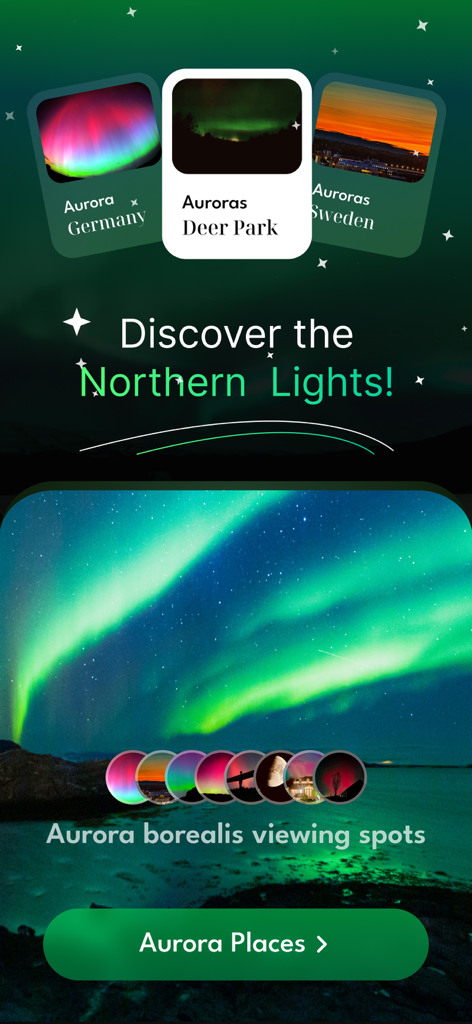 Aurora Alerts & Forecast - Aurora Alerts and Forecast app showing northern lights viewing locations.