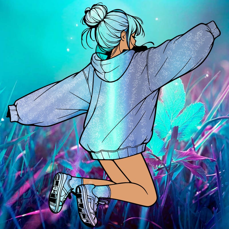 realistic girl jumping with a bun and oversized sweatshirt