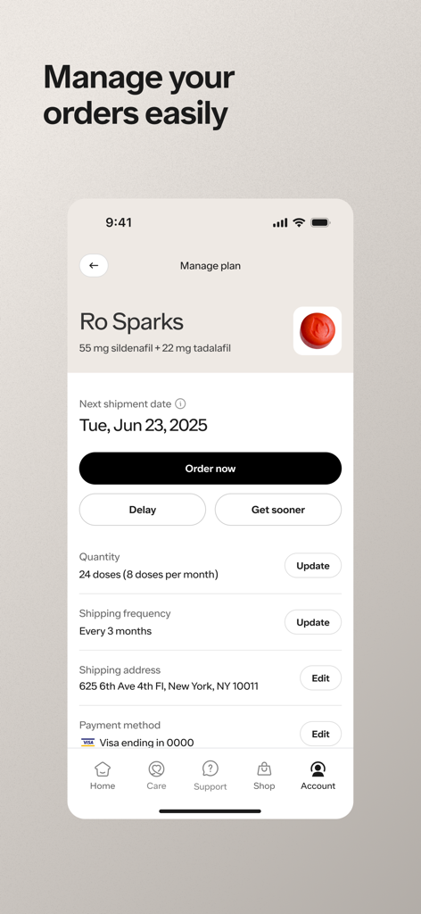 Ro: Online Healthcare - Interface of the Ro app showing medication management options like shipment dates and delivery frequency for Ro Sparks