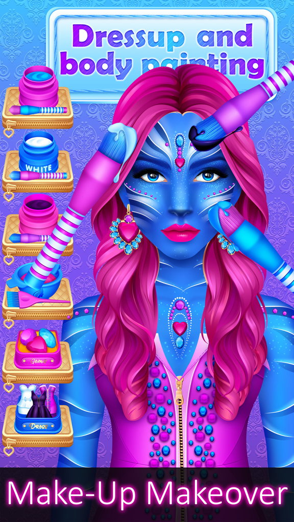 Top Model Makeover - Dressup, Makeup & Kids Games - A character with blue skin and pink hair being decorated with body paint and makeup brushes in the Top Model Makeover app