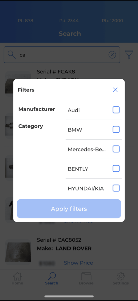 Search filter overlay on the Catalytic Converter Database app displaying manufacturer options like Audi, BMW, and Mercedes-Benz.