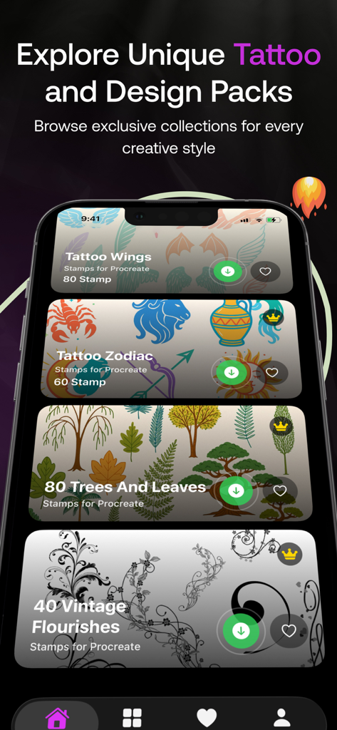 Procreate Brushes & Stamps Hub - Interfaz de la aplicación Procreate Brushes and Stamps Hub mostrando paquetes de sellos de tatuajes y botánicos.