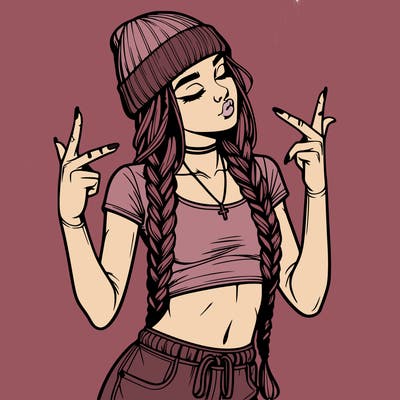 realistic teenage girl with braids and a beanie and crop top doing 🫶🏼