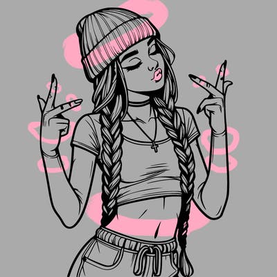 realistic teenage girl with braids and a beanie and crop top doing 🫶🏼