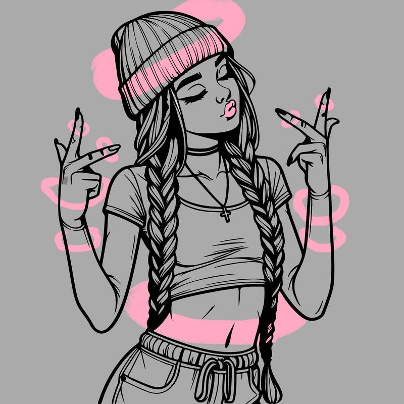 realistic teenage girl with braids and a beanie and crop top doing 🫶🏼