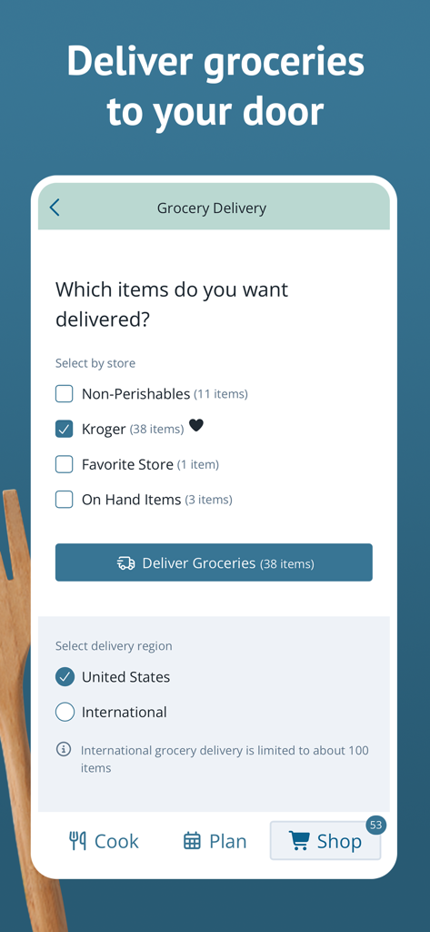 Plan to Eat app interface for choosing grocery delivery items from stores like Kroger.