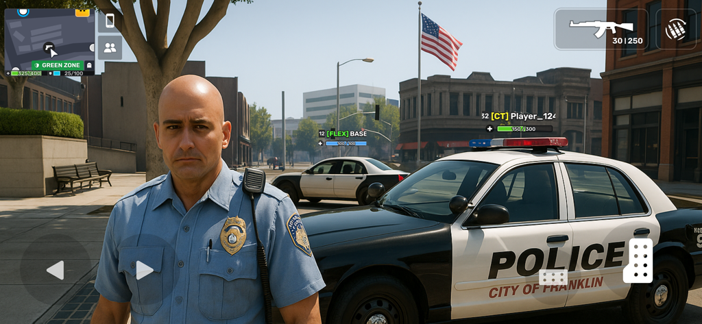 A police officer character standing next to a police car in an open world city environment in Flex City RP