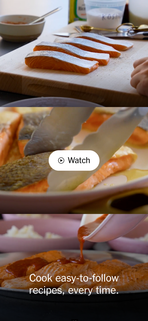 NYT Cooking: Quick Tasty Meals - Step-by-step cooking video of salmon fillets being prepared and cooked in the NYT Cooking app.