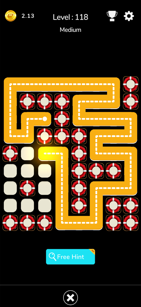 Ein mobiler Puzzle-Spielbildschirm von GameX, der einen gelben Pfad zeigt, der durch ein Gitter von Hindernissen auf Level 118 gezeichnet wird.