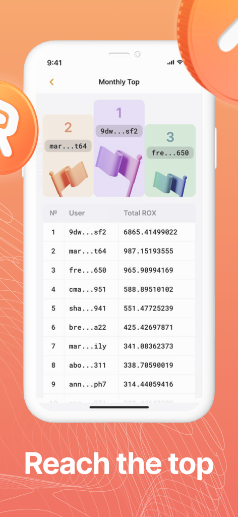 Robox Fit - Walk & Earn - Monthly leaderboard in the Robox Fit app showing user rankings and total ROX crypto earned