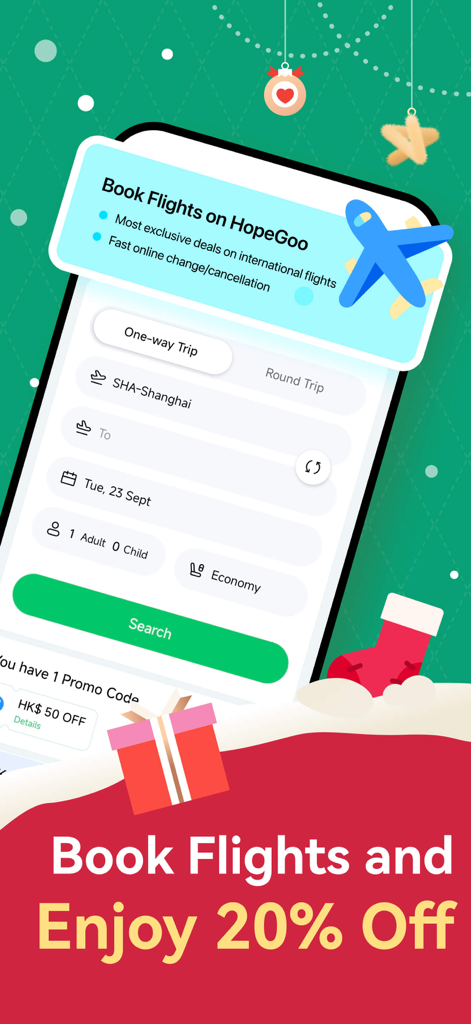 HopeGoo flight booking interface with a 20 percent discount promotion and international travel deals.