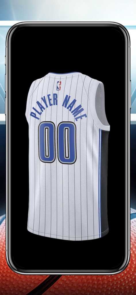 Make Your Basketball Jersey - A personalized white pinstripe basketball jersey displayed on a smartphone screen with custom name and number
