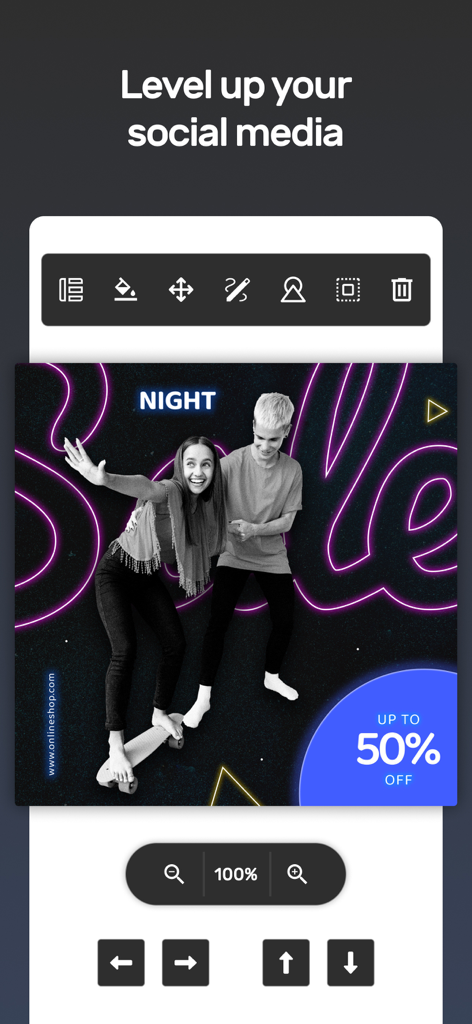 Mobile App-Oberfläche, die einen Social-Media-Post-Editor mit einer Vorlage für Rabatte im Neon-Stil anzeigt