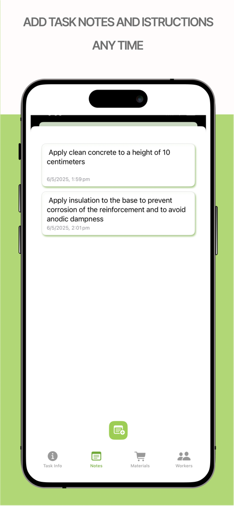 PlanoTrak - Construction App - Pantalla del smartphone de la aplicación PlanoTrak que muestra notas detalladas de tareas de construcción e instrucciones del sitio