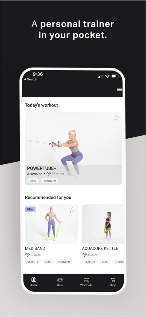 PTP - iPhone screenshot of the PTP app showing a resistance band workout and equipment recommendations