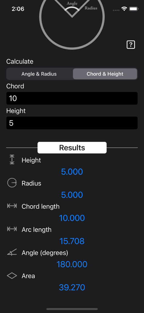 Circular Segment Calculator - The interface of the Circular Segment Calculator app showing results for chord and height inputs