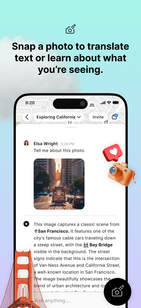 Mindtrip AI app showing the Magic Camera feature identifying a San Francisco cable car photo and providing city details