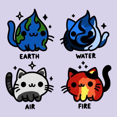 4 cats that represent the different elements, earth, water, air, and fire