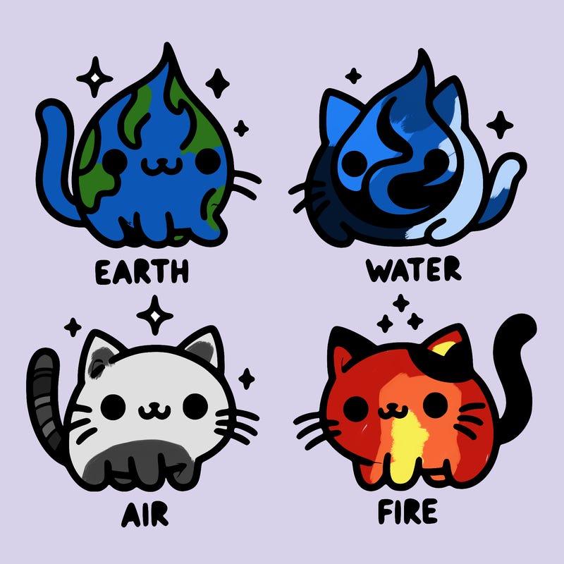 4 cats that represent the different elements, earth, water, air, and fire