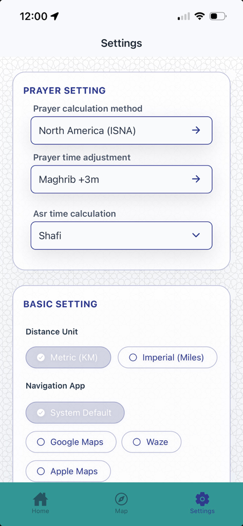 Iqamah - Iqamah app settings interface showing prayer calculation methods and basic unit preferences
