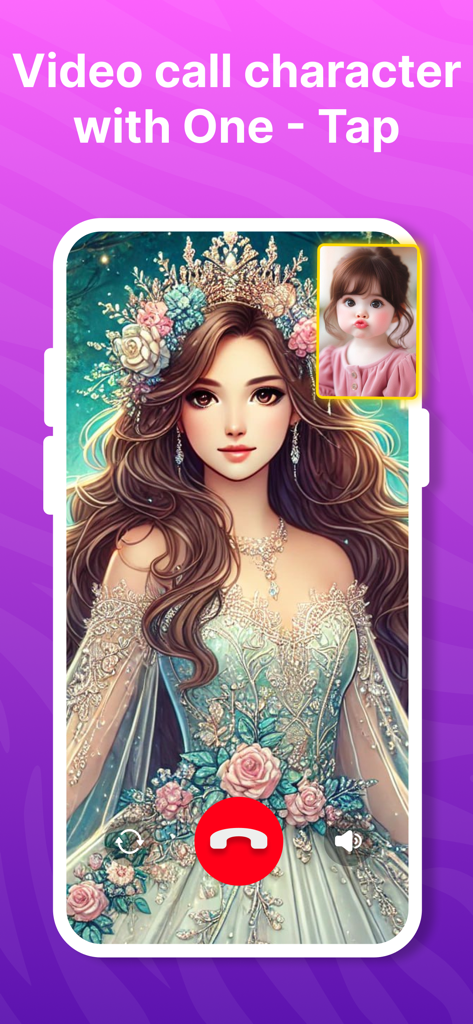 Mobile app interface showing a simulated video call with a princess character and a child reacting in the corner